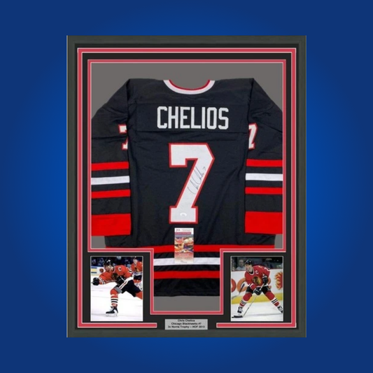 Chris Chelios’ full framed Chicago Blackhawks black jersey, signed and authenticated, honors the legendary defenseman’s storied career with the team.