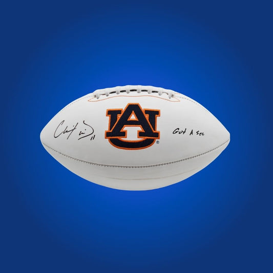 Chris Davis Jr. autographed Auburn Tigers white logo football, must-have for Auburn fans and memorabilia enthusiasts.