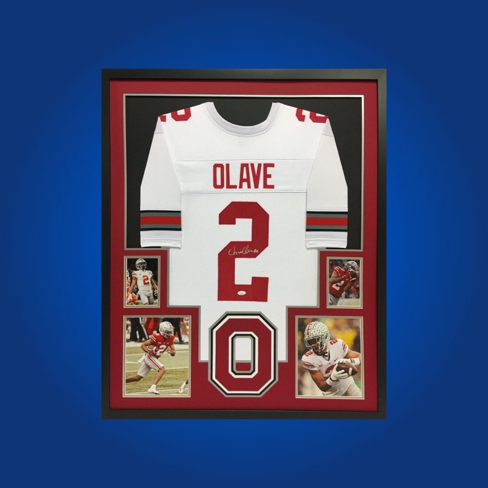 Chris Olave Signed Full Framed Custom Ohio State Buckeyes Jersey – autographed memorabilia, star wide receiver collectible, perfect for Ohio State supporters.