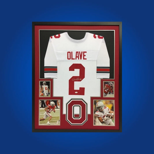 Chris Olave Signed Full Framed Custom Ohio State Buckeyes Jersey – autographed memorabilia, star wide receiver collectible, perfect for Ohio State supporters.