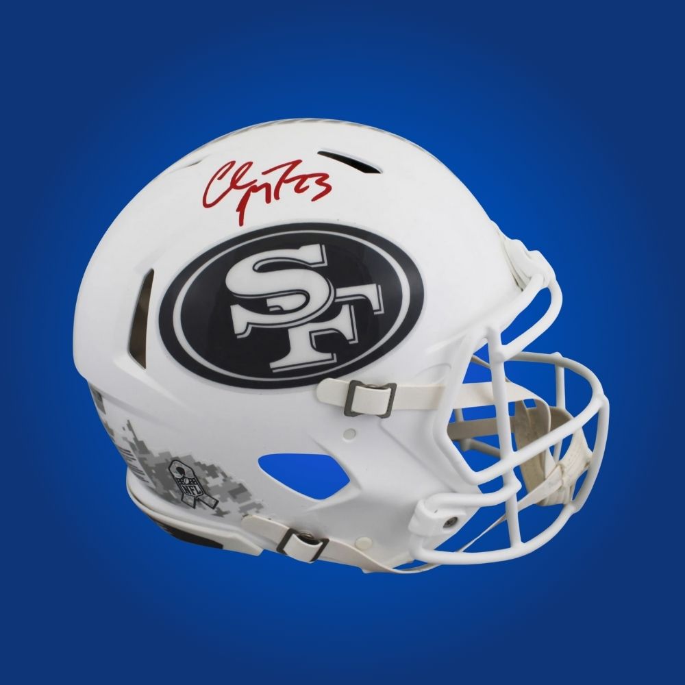 Christian McCaffrey hand-signed whiteout authentic San Francisco 49ers helmet, showcasing signature and official team graphics. A unique collectible for 49ers fans and McCaffrey memorabilia collectors. Includes Certificate of Authenticity. Images may differ for catalog uniformity.