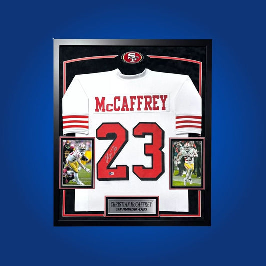 Autographed San Francisco 49ers custom jersey by Christian McCaffrey with Certificate of Authenticity.