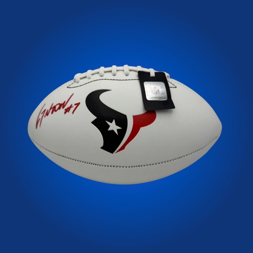 CJ Stroud hand-signed Houston Texans logo football, showcasing signature and official team graphics. A unique collectible for Texans fans and Stroud memorabilia collectors. Includes Certificate of Authenticity. Images may differ for catalog uniformity.