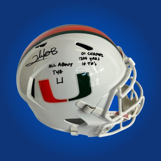 Autographed Miami Hurricanes full size Authentic Helmet signed by Clinton Portis, shown on a white background for product clarity. SportsMarkets memorabilia image.