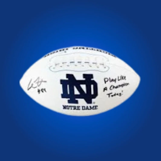 Cole Kmet autographed Notre Dame Fighting Irish white logo football, excellent collectible for Fighting Irish supporters and memorabilia enthusiasts.