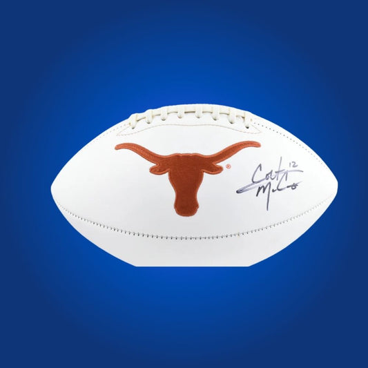 Autographed full size replica football by Colt McCoy, featuring Texas Longhorns white logo. Certified authentic, a unique collectible for Texas Longhorns supporters and memorabilia fans. Certificate of Authenticity included. Ball details may differ for catalog consistency.