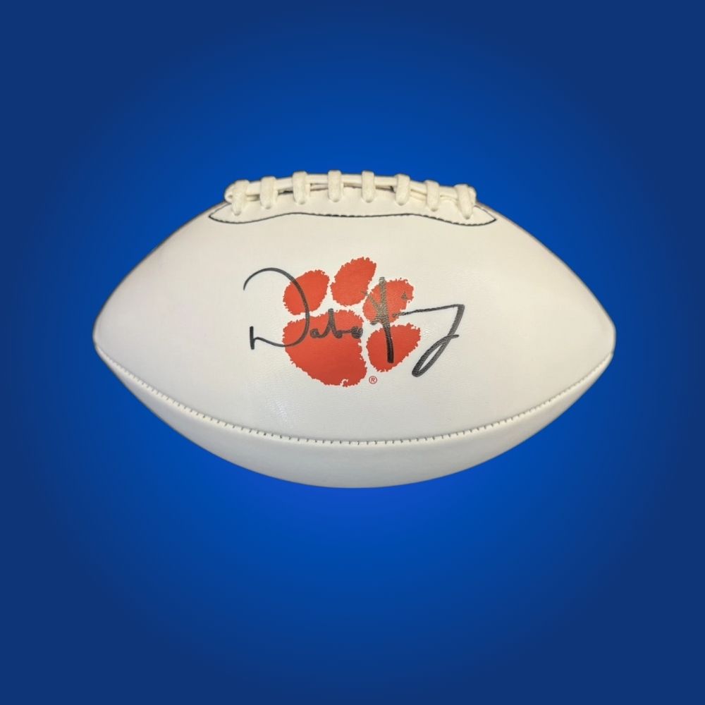 Dabo Swinney autographed Clemson Tigers white logo football, unique collectible for Clemson Tigers fans and memorabilia collectors.