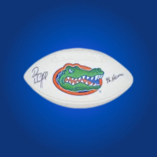 Danny Wuerffel autographed Florida Gators white logo football, collectible for Gators supporters and enthusiasts.