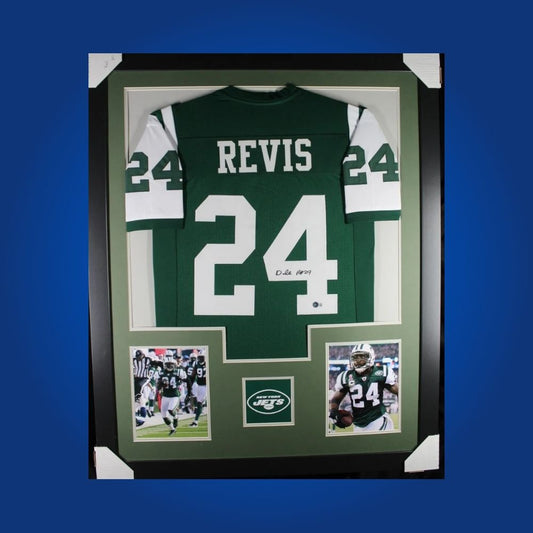 Autographed New York Jets custom jersey by Darrelle Revis with Certificate of Authenticity.