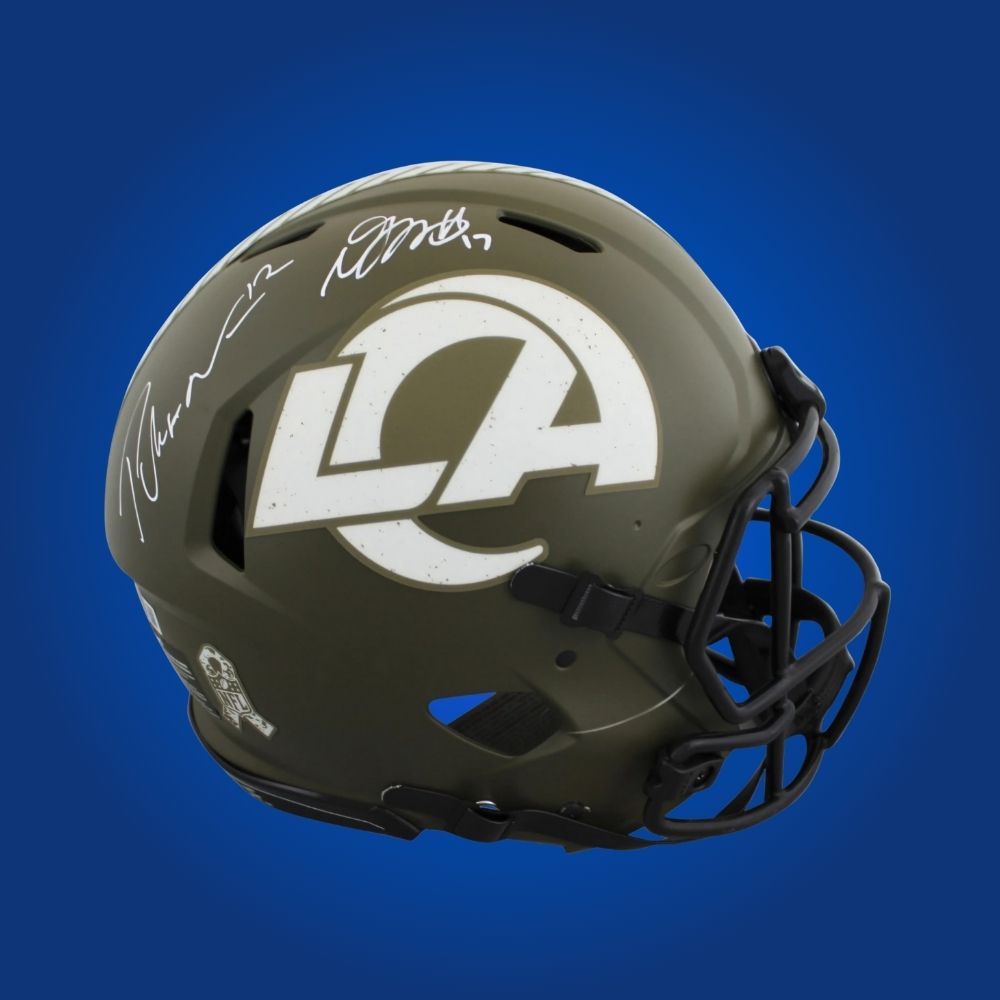 Davante Adams and Puka Nacua hand-signed Los Angeles Rams authentic helmet, showcasing signatures and official team graphics. A unique collectible for Rams fans and memorabilia collectors. Includes Certificate of Authenticity. Images may differ for catalog uniformity.