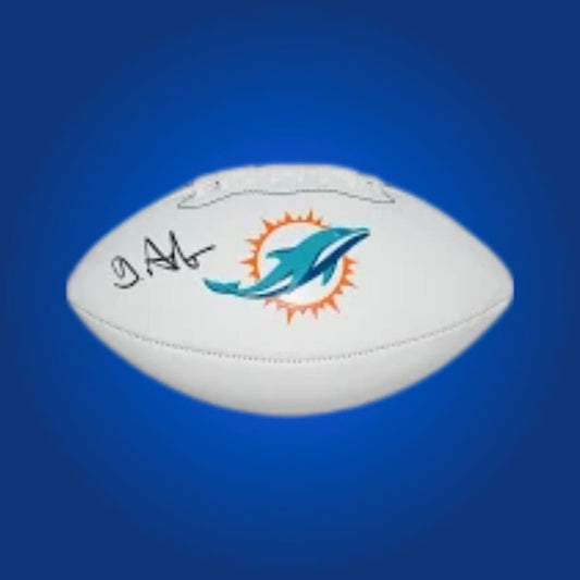 Devon Achane signed Miami Dolphins logo football, a standout collectible for fans and memorabilia enthusiasts, authenticated and perfect for your Dolphins collection.