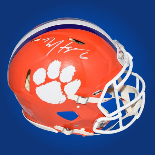 Autographed Clemson Tigers full size Authentic Helmet signed by DeAndre Hopkins, showcased on a white background. SportsMarkets memorabilia photo.