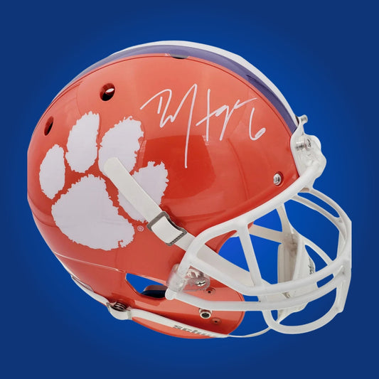 Autographed Clemson Tigers full size replica helmet signed by DeAndre Hopkins, showcased on a white background. SportsMarkets memorabilia photo.
