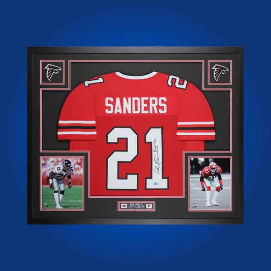 Framed Atlanta Falcons jersey signed by Deion Sanders with action photos and Certificate of Authenticity