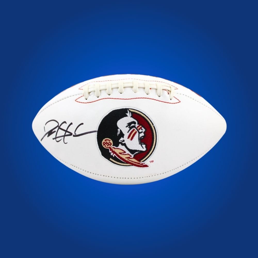 Deion Sanders autographed Florida St Seminoles white logo football, prized collectible for Seminoles fans and collectors.