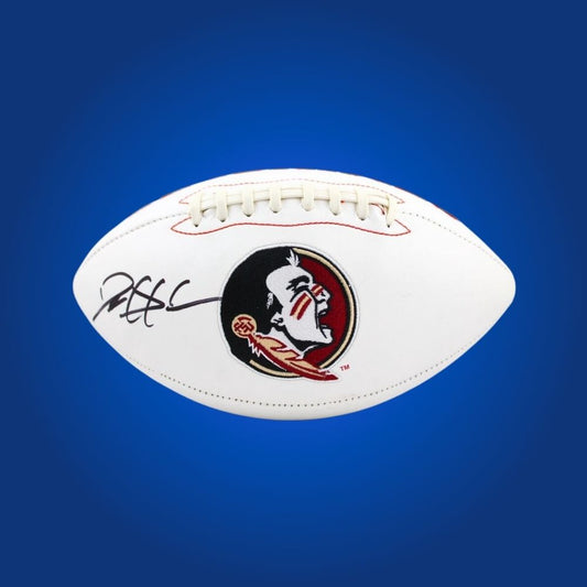 Deion Sanders autographed Florida St Seminoles white logo football, prized collectible for Seminoles fans and collectors.