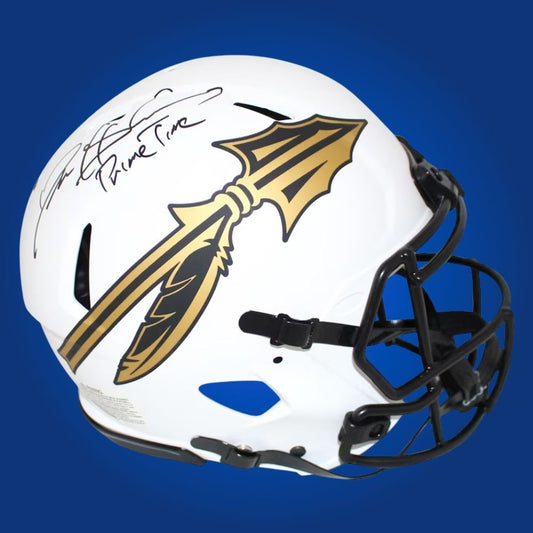 Autographed Florida State Seminoles full size Authentic Helmet signed by Deion Sanders, displayed on a white background. SportsMarkets memorabilia image.