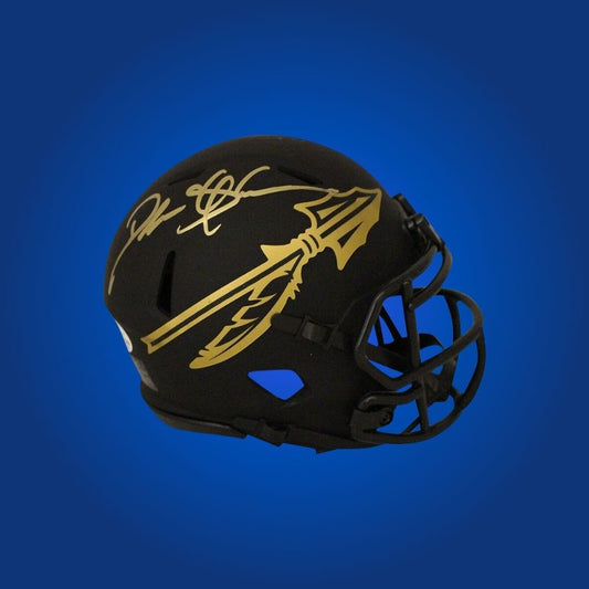 Deion Sanders signed Florida State Seminoles mini helmet, unique collectible for Seminoles fans and football memorabilia enthusiasts.