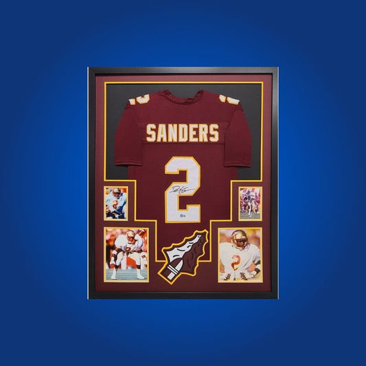 Deion Sanders Signed Full Framed Custom Florida St Seminoles Jersey – autographed memorabilia, legendary cornerback collectible, a must-have for Seminoles fans.