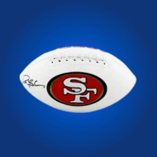 Deion Sanders signed 49ers logo football, featuring “Prime Time” signature and team emblem.