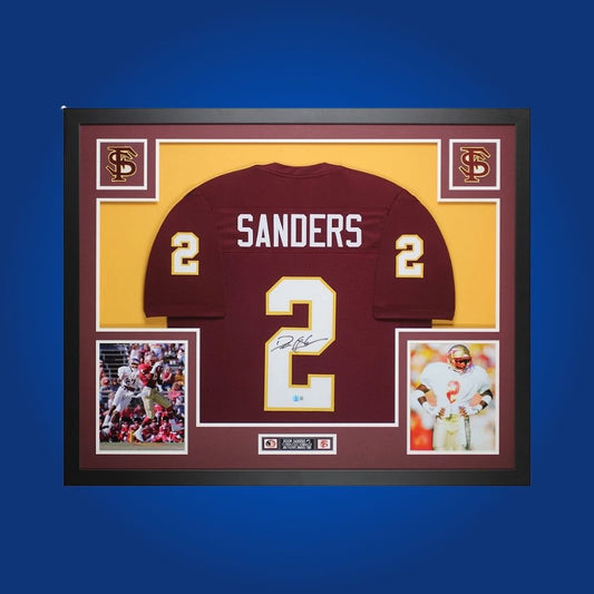 Deion Sanders Signed Full Framed Custom Florida St Seminoles Jersey – autographed memorabilia, legendary cornerback collectible, a must-have for Seminoles fans.