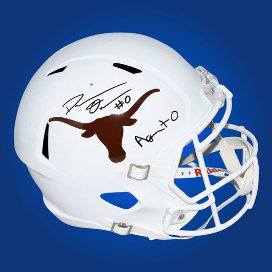 Autographed full size Authentic Helmet by Demarvion Overshown, standout Texas Longhorns linebacker, displayed against a clean white background. Perfect for memorabilia enthusiasts and Texas fans. SportsMarkets product image.