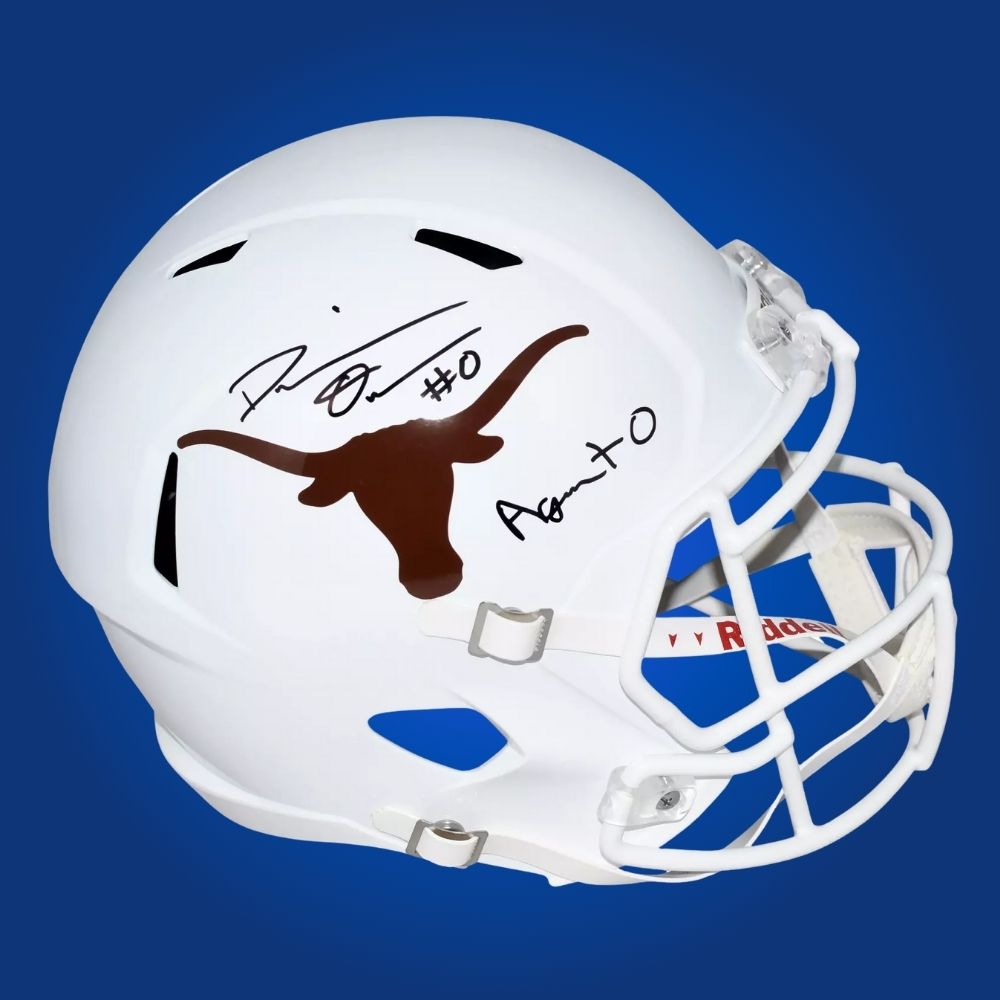 Autographed full size replica helmet by Demarvion Overshown, standout Texas Longhorns linebacker, displayed against a clean white background. Perfect for memorabilia enthusiasts and Texas fans. SportsMarkets product image.