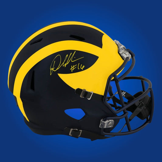 Autographed Michigan Wolverines full size replica helmet signed by Denard Robinson, displayed on a white background. SportsMarkets product image.