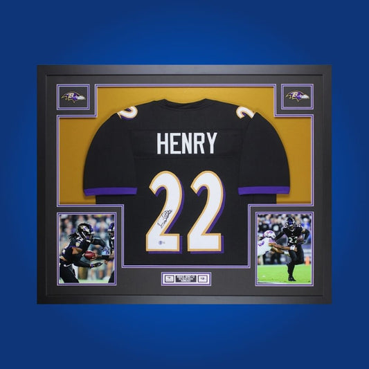 Framed Baltimore Ravens custom jersey signed by Derrick Henry with Certificate of Authenticity.