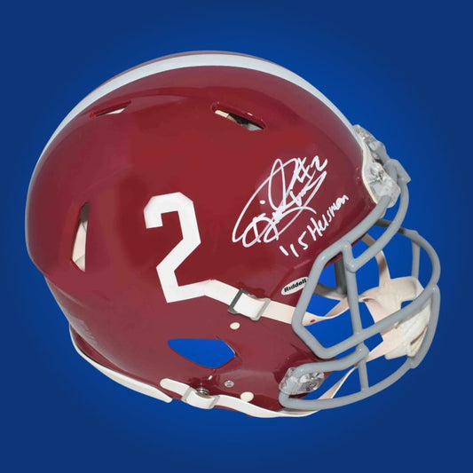 Autographed Alabama Crimson Tide full size Authentic Helmet signed by Derrick Henry, set against a white background for clarity. SportsMarkets product photo.