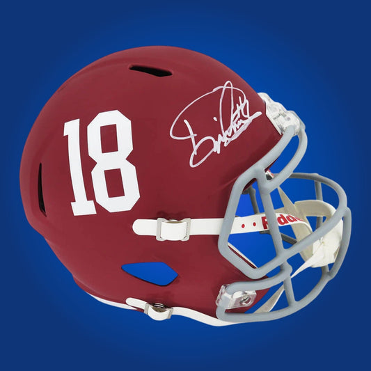 Autographed Alabama Crimson Tide full size replica helmet signed by Derrick Henry, set against a white background for clarity. SportsMarkets product photo.