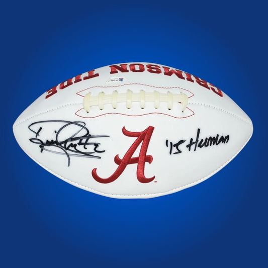 Derrick Henry autographed Alabama Crimson Tide white logo football, authentic memorabilia for Alabama supporters.