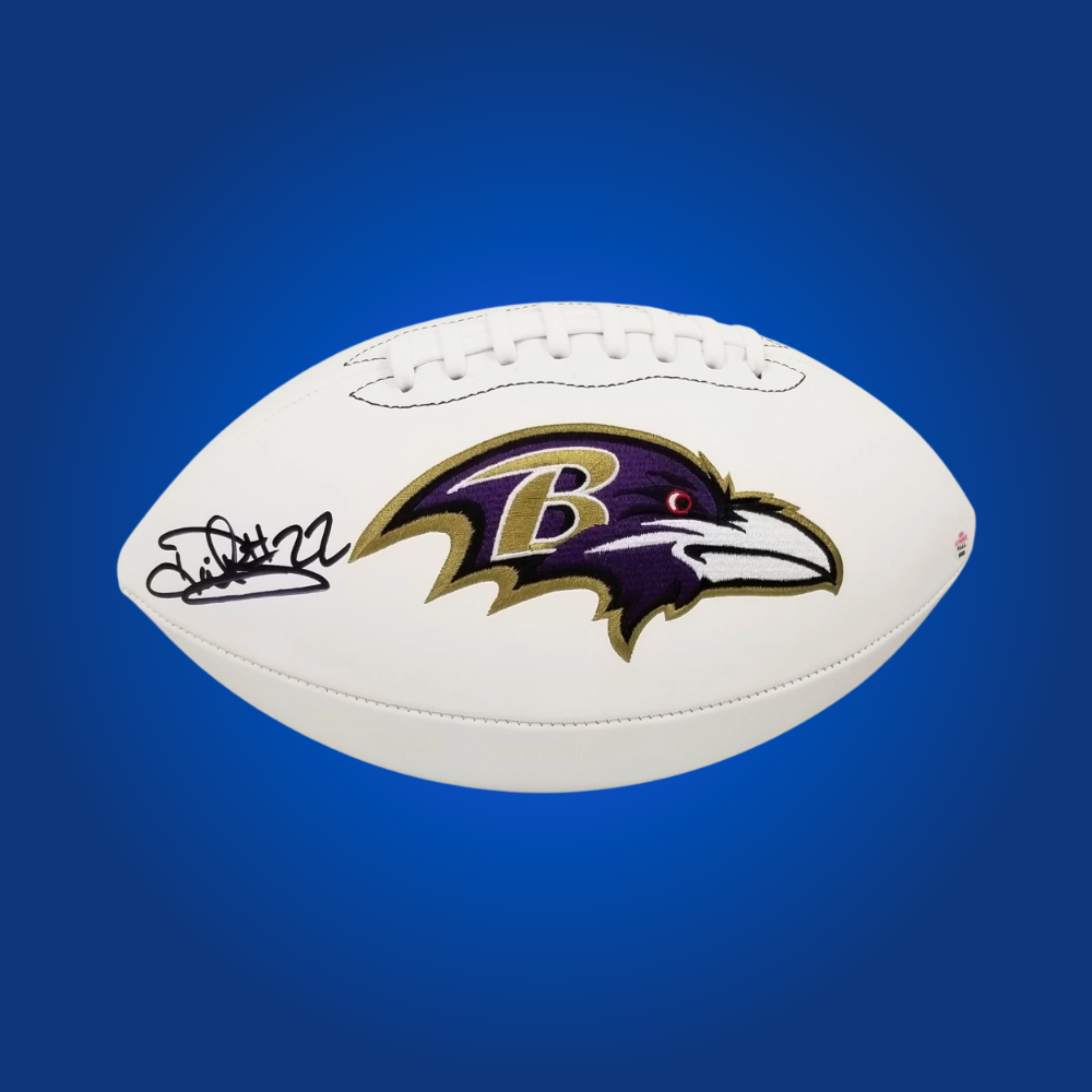 Derrick Henry signed Baltimore Ravens logo football with his official signature, perfect for Ravens memorabilia and sports fans.