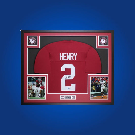 Derrick Henry Signed Full Framed Custom Alabama Crimson Tide Jersey – autographed memorabilia, Alabama star running back collectible, ultimate Crimson Tide fan jersey.