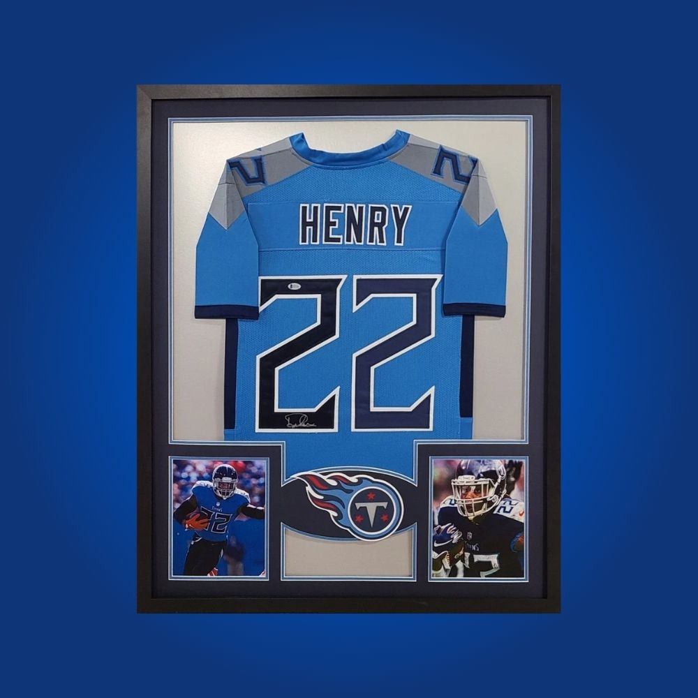 Autographed Tennessee Titans custom jersey by Derrick Henry with Certificate of Authenticity.