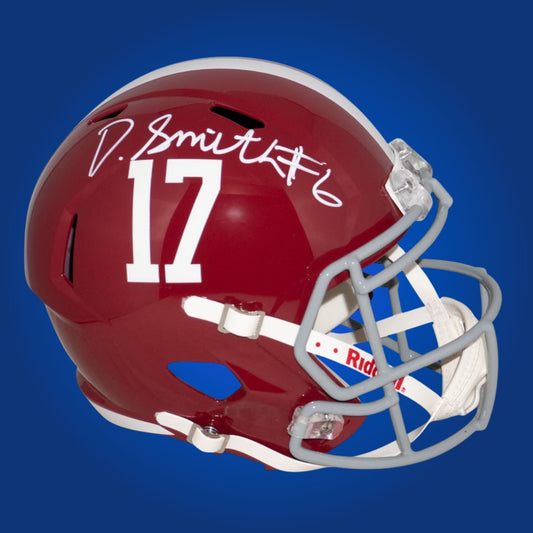 Autographed Alabama Crimson Tide full size replica jersey signed by DeVonta Smith, shown against a white backdrop. SportsMarkets authentic memorabilia image.