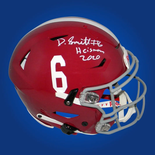 Autographed Alabama Crimson Tide full size replica jersey signed by DeVonta Smith, shown against a white backdrop. SportsMarkets authentic memorabilia image.