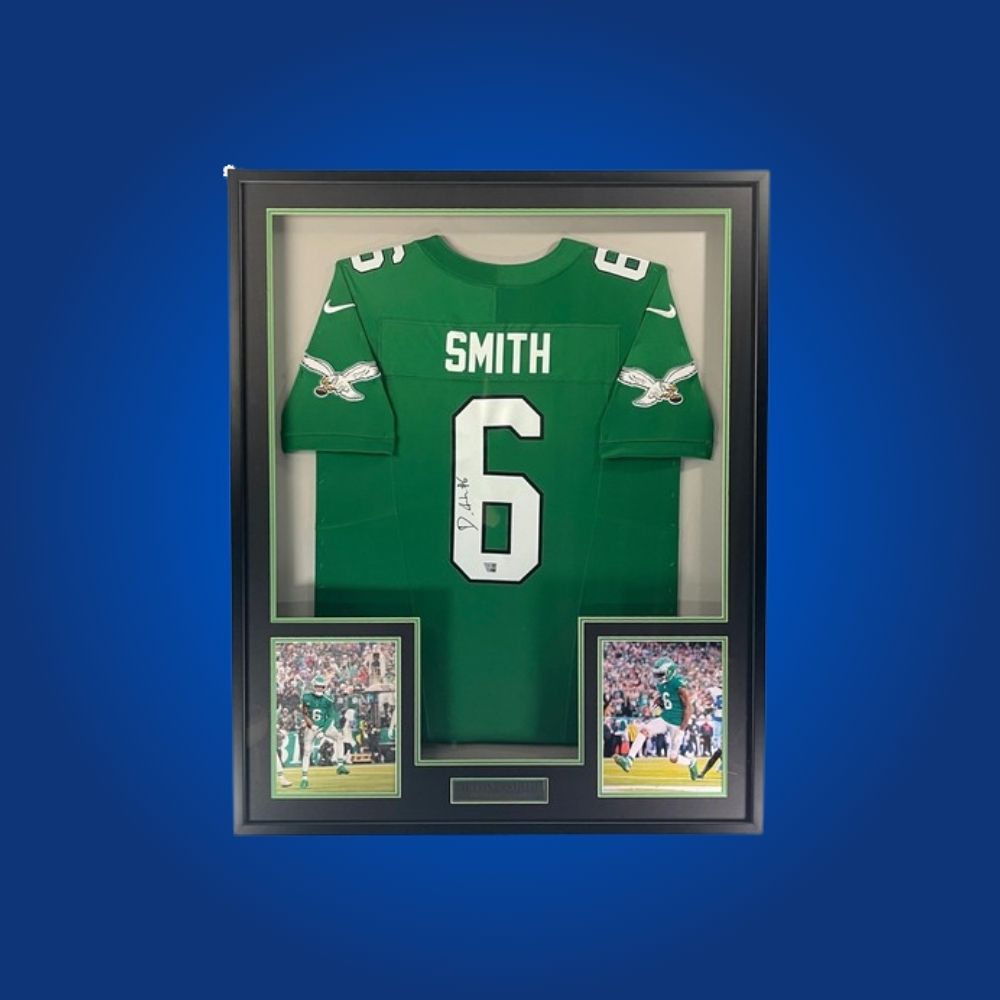 Autographed Philadelphia Eagles jersey by wide receiver Devonta Smith. Professionally framed, includes authentication for true collectors.