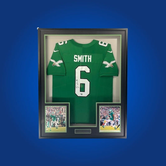 Autographed Philadelphia Eagles jersey by wide receiver Devonta Smith. Professionally framed, includes authentication for true collectors.
