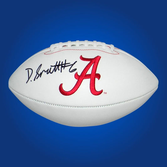 Autographed Alabama Crimson Tide football signed by Devontae Smith, displayed with white logo—ideal for collectors and Crimson Tide fans.