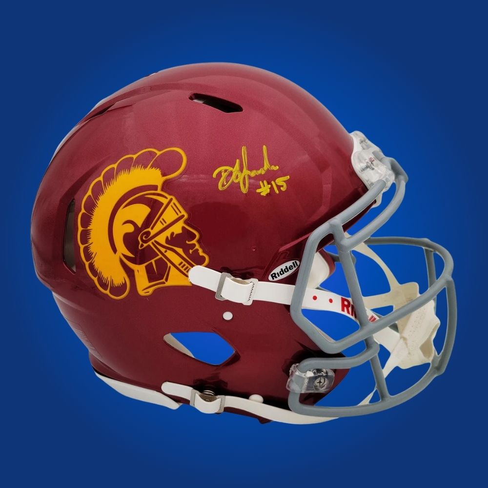 Autographed full size Authentic Helmet by Drake London, standout USC Trojans wide receiver, elegantly showcased on a white backdrop. A perfect addition for fans and memorabilia collectors. SportsMarkets product photo.