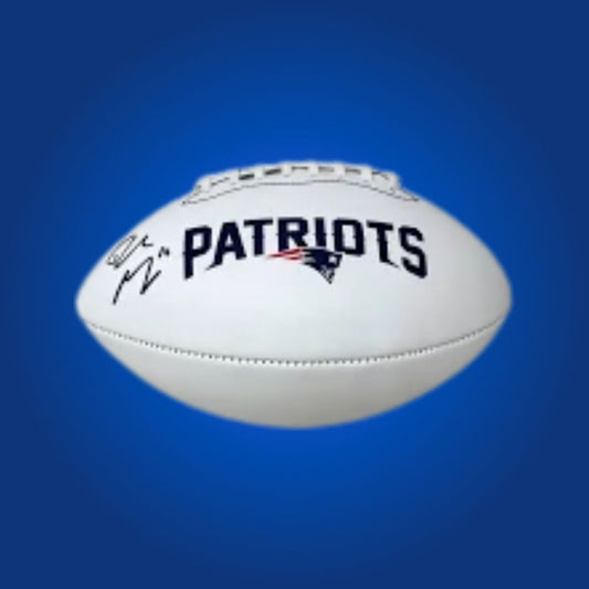 Football signed by Drake Maye, featuring the New England Patriots logo and signature panel.