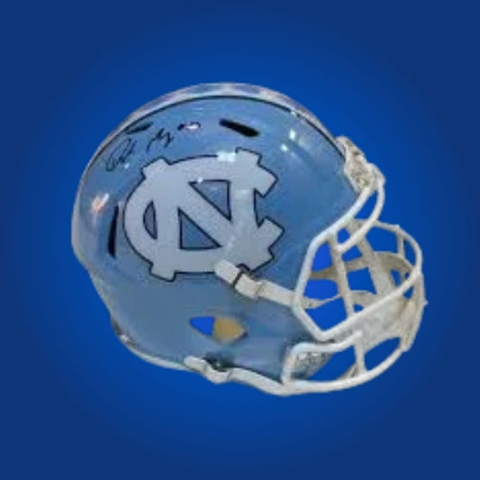 Autographed North Carolina Tar Heels full size replica helmet signed by Drake Maye, displayed against a white background. SportsMarkets product image.