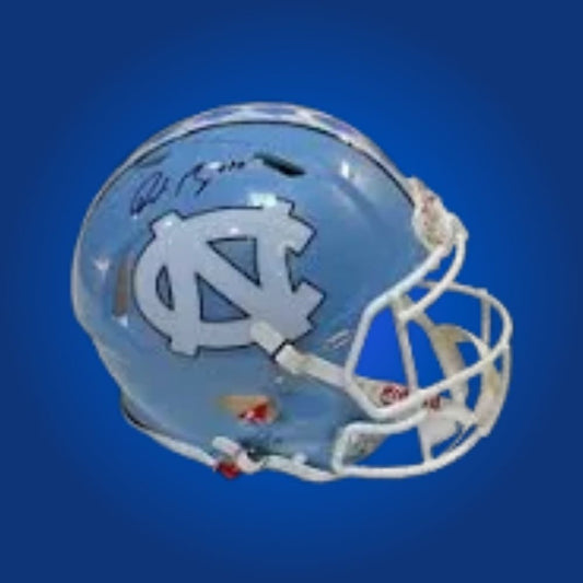 Autographed North Carolina Tar Heels full size Authentic Helmet signed by Drake Maye, featured on a white background. SportsMarkets product photo.