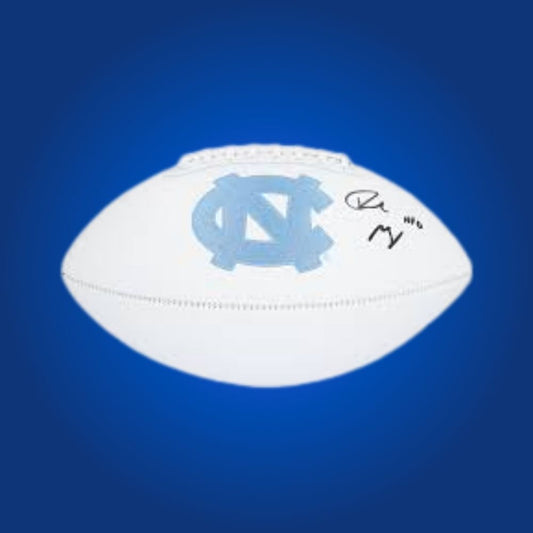 Drake Maye autographed North Carolina Tar Heels white logo football, must-have collectible for Tar Heels fans and memorabilia enthusiasts.