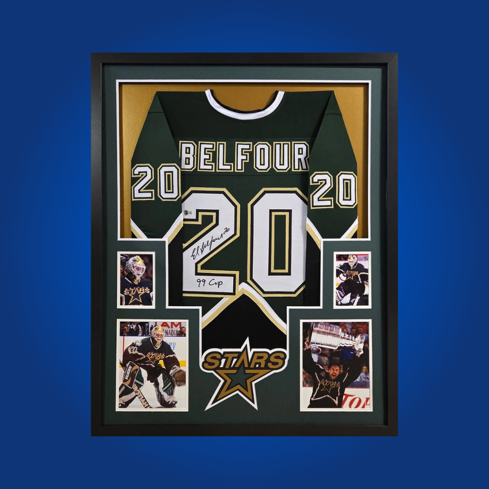 Ed Belfour’s autographed full framed Dallas Stars black jersey celebrates the Hall of Fame goaltender’s role in the franchise’s greatest moments and is essential for dedicated collectors.
