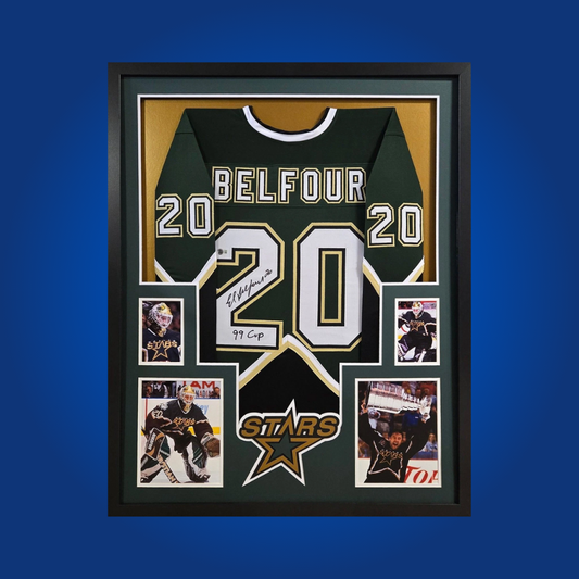 Ed Belfour’s autographed full framed Dallas Stars black jersey celebrates the Hall of Fame goaltender’s role in the franchise’s greatest moments and is essential for dedicated collectors.