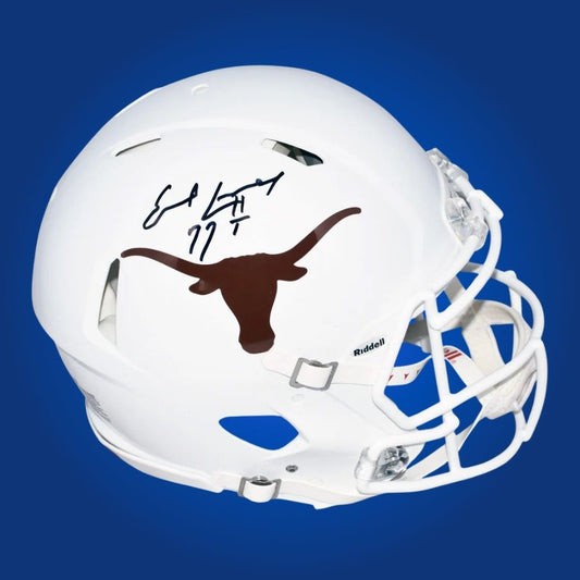 Autographed full size Authentic Helmet by Earl Campbell, Texas Longhorns running back, displayed on a clean white backdrop. Perfect for collectors and Texas fans. SportsMarkets product image.