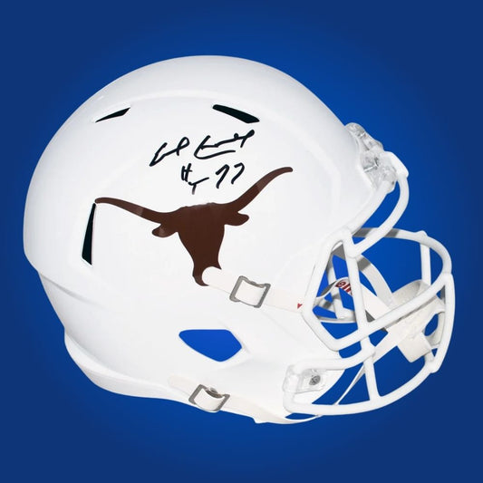 Autographed full size replica helmet by Earl Campbell, Texas Longhorns running back, displayed on a clean white backdrop. Perfect for collectors and Texas fans. SportsMarkets product image.