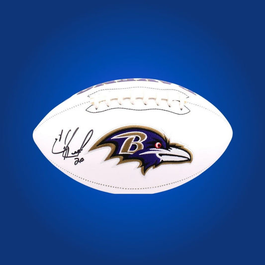 Ed Reed’s autograph on Baltimore Ravens logo football, a rare find for sports collectors, authenticated and perfect for prominent display.